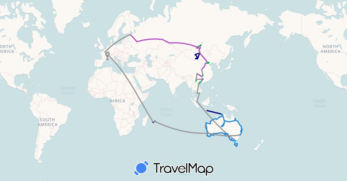 TravelMap itinerary: driving, bus, plane, train, hiking, boat, hitchhiking, campervan, scooter in Australia, China, France, Indonesia, Mongolia, Mauritius, Réunion, Russia, Singapore, Vietnam (Africa, Asia, Europe, Oceania)